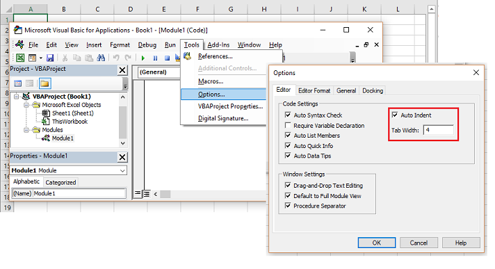 Illustrating how to change Excel VBA tab setting in the Visual Basic Editor