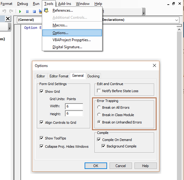 Showing how users can change Excel's error trapping setting