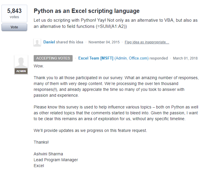 Screenshot of Excel User Voice forum discussion on Python replacing VBA. Makes one wonder, is learning Excel VBA worthwhile?