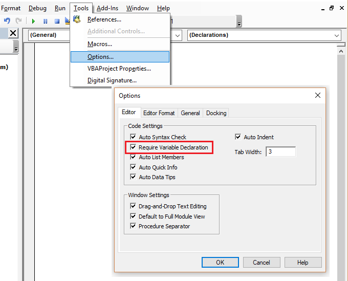 Illustrating how to require variable declaration in Excel visual basic editor (VBE)