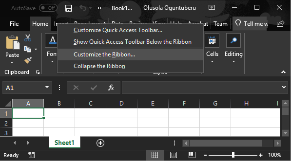 Adding Developer Tab, Step 1: Right-click anywhere on the Ribbon and select “Customize the Ribbon” from the popup context menu
