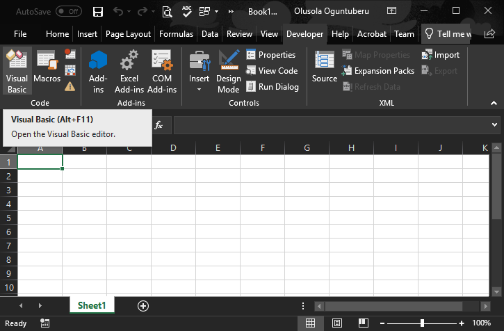 Accessing the Excel VBA Editor from the Developer Tab