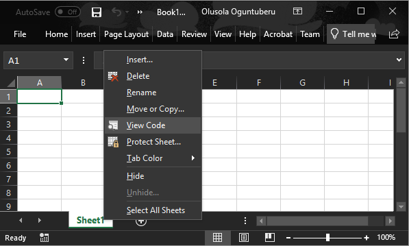 Accessing the Excel VBA Editor using the Worksheets Tab