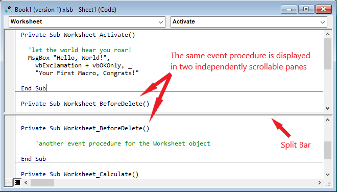 Dragging the Split Bar down splits the Coding Area into two independently scrollable panes. Double-clicking the Split Bar reverts to single pane view