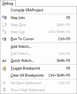 The Excel VBA Editor's Debug Menu