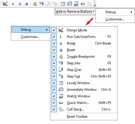 The Excel VBA Editor's Debug Toolbar (showing all Buttons and their Definitions)