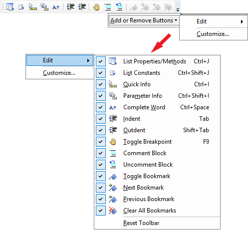 The Excel VBA Editor's Edit Toolbar (showing all Buttons and their Definitions)