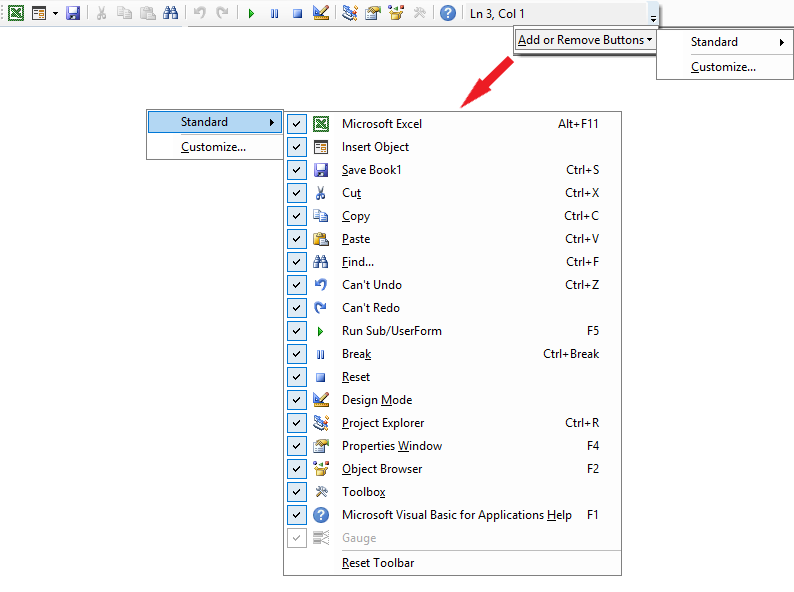 The Excel VBA Editor's Standard Toolbar (showing all Buttons and their Definitions)