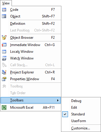 Displaying the Excel VBA Editor Toolbars