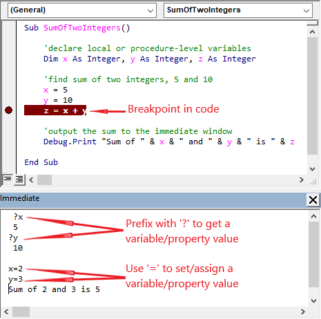 Querying and altering variable/property values in the Immediate window, in Break mode