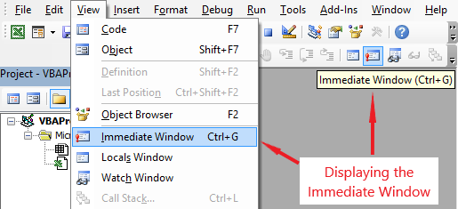 Displaying the Immediate Window from the View menu or Debug toolbar