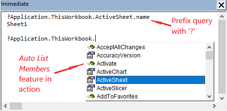 Getting active workbook information in the Immediate window with the help of the Auto List Members VBA Editor feature
