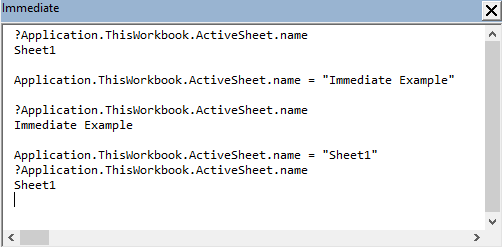 Renaming the active workbook’s first worksheet from the Immediate window