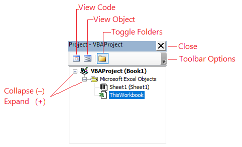Project Explorer buttons to view code or objects, collapse or expand folders, access Toolbar Options, and close the explorer