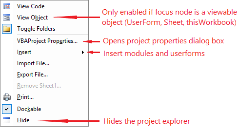 Context Menu displayed by right-clicking anywhere in the Project Explorer