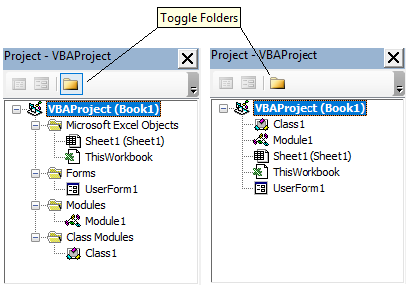 Project Explorer’s hierarchical or Folder view (on the right) and non-hierarchical or Contents view (on the left)