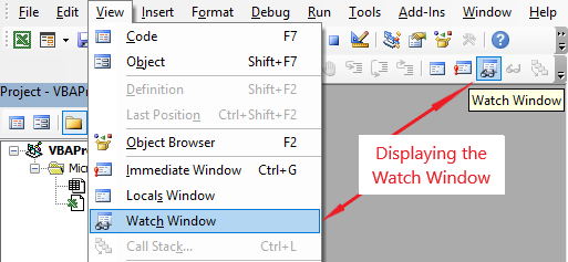 whats the keyboard shortcut for excel vba add a watch