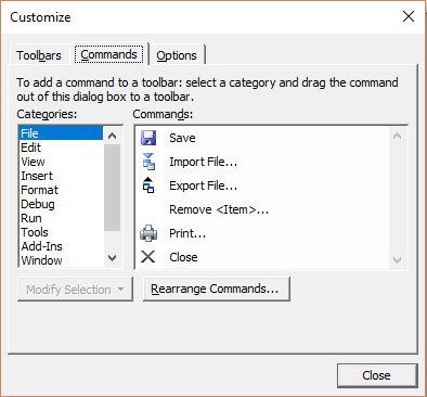 VBA Editor Customization - The Customize dialog box’s Commands tab