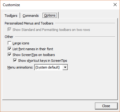 VBA Editor Customization - The Customize dialog box’s Options tab