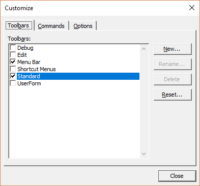 VBA Editor Customization - The Customize dialog box’s Toolbars tab