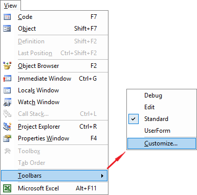 VBA Editor Customization - Accessing the Menu and Toolbar Customize dialog box