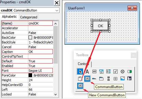 VBA Editor Customization - Dragging and Dropping Customized Standard Controls to the Toolbox (Note the few edited properties highlighted)
