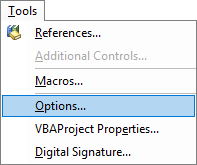 Accessing the Options dialog box from the Tools menu