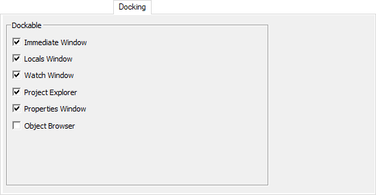 The Options dialog box’s Docking tab