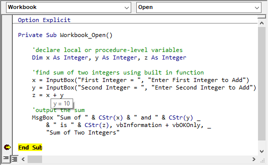 Auto Data Tips showing the value of variable ‘y’ in break mode