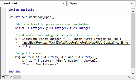 Auto Quick Info providing info on an InputBox function’s arguments