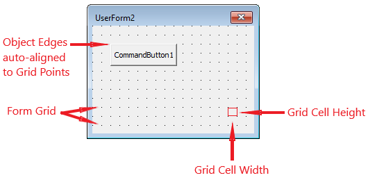 Illustrating the Form Grid Settings. Hint – reduce Grid Units to control object alignment better or uncheck the Align Controls to Grid option to place controls in between grid points.