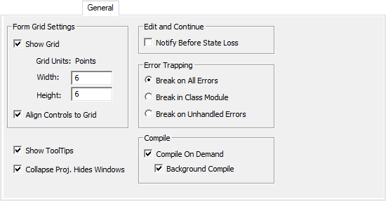 The Options dialog box’s General tab