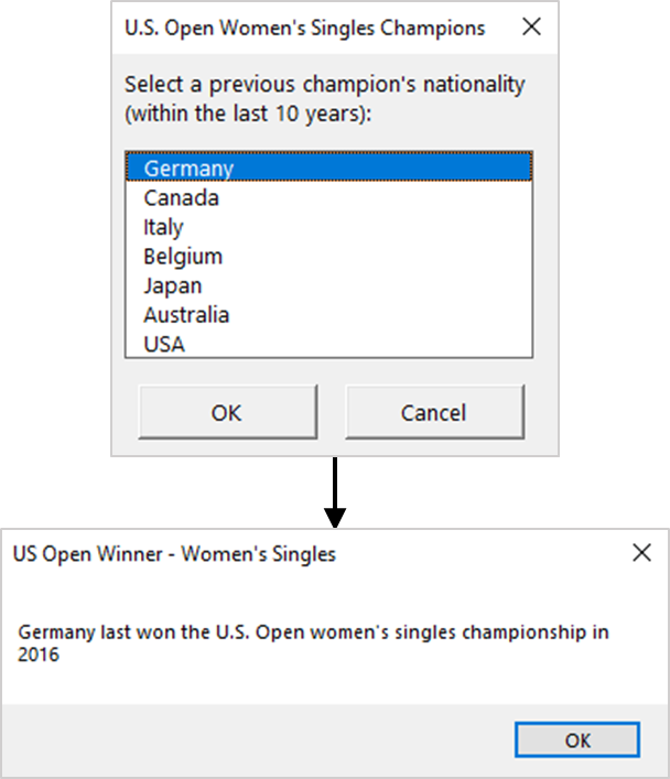 The Do While – Loop statement in action – ascertaining the most recent year, in the last 10 years, that a player from a selected country won the U.S. Open Women’s Singles grand slam.