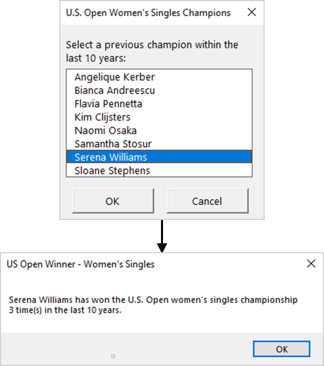 The For Each – Next statement in action – Counting a player’s U.S. Open Women’s Singles slams in the last 10 years.