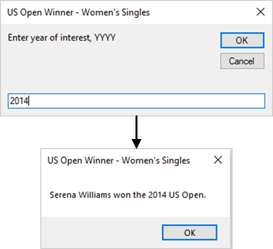 The For – Next statement in action – Identifying the U.S. Open Women’s Singles champion in any one of the last 10 years.
