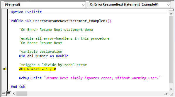 Sample code illustrating the On Error Resume Next statement’s usage. Here, the statement is commented out, so execution stops at the erring line and an error message pops up.