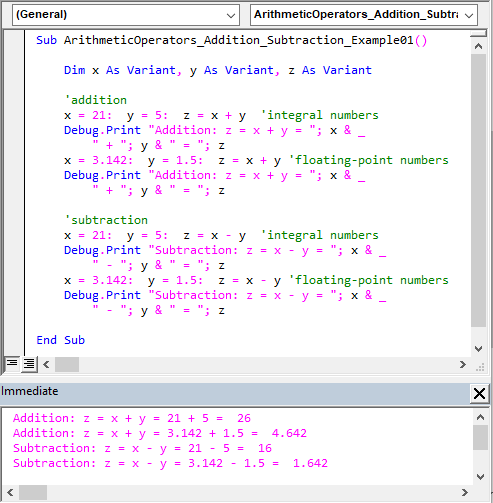 Sample code illustrating the Addition and Subtraction arithmetic operators’ usage.