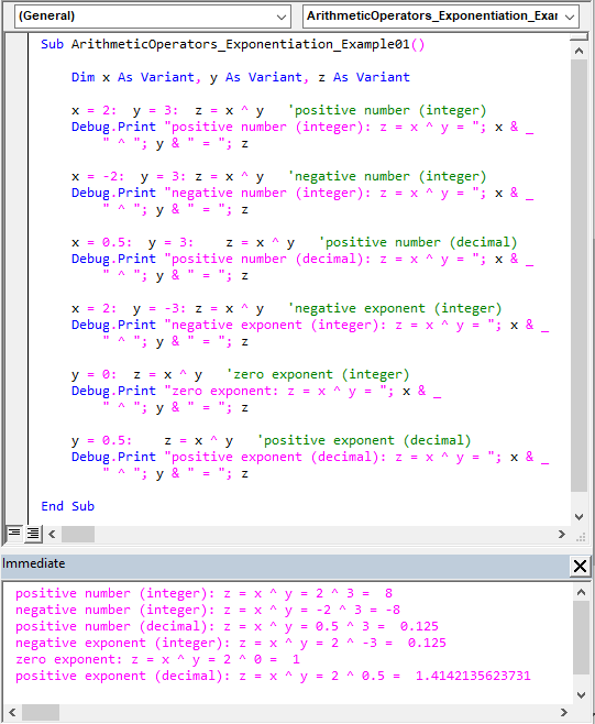 Sample code illustrating the Exponentiation arithmetic operator’s usage.