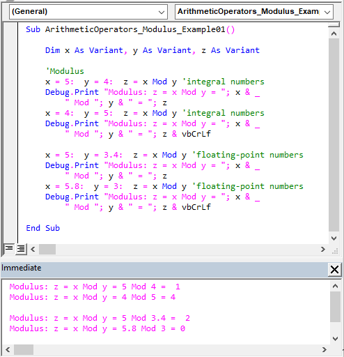 Sample code illustrating the Modulus arithmetic operator’s usage.