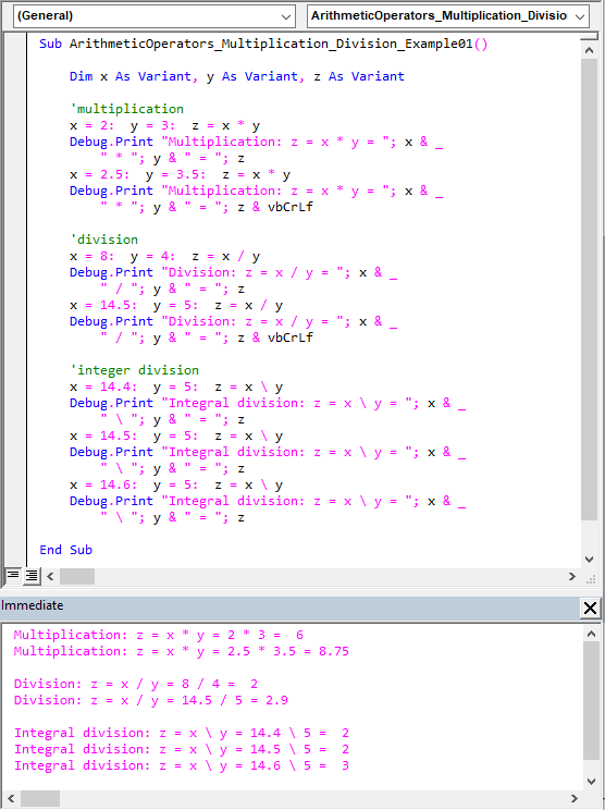 Sample code illustrating the Multiplication, Division, and Integer Division arithmetic operators’ usage.