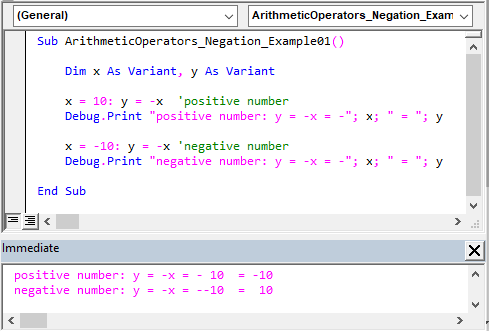 Sample code illustrating the Negation arithmetic operator’s usage.