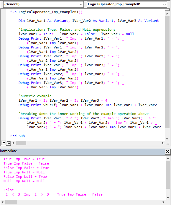 Sample code illustrating the Imp Logical Operator’s usage.