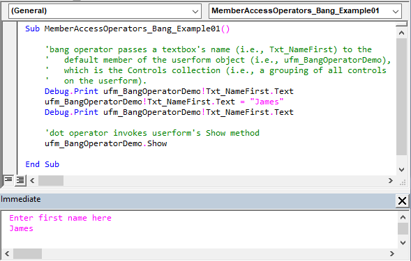 Sample code illustrating the Member Access Bang (!) Operator’s usage – setting a UserForm Textbox’s Text property via the UserForms default property, i.e. the Controls collection.