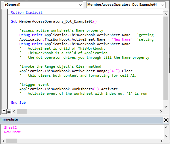 Sample code illustrating the Member Access Dot (.) Operator’s usage.