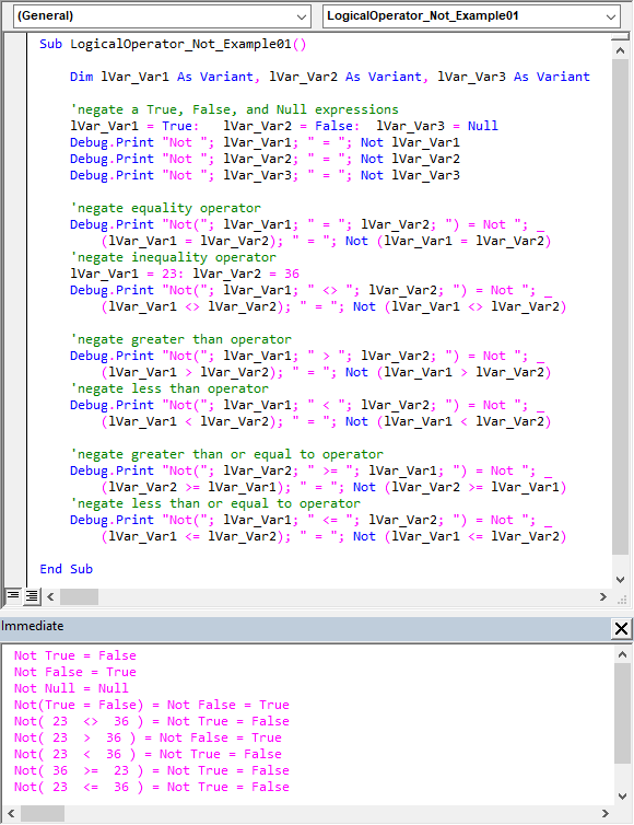 Sample code illustrating the Not operator’s usage.