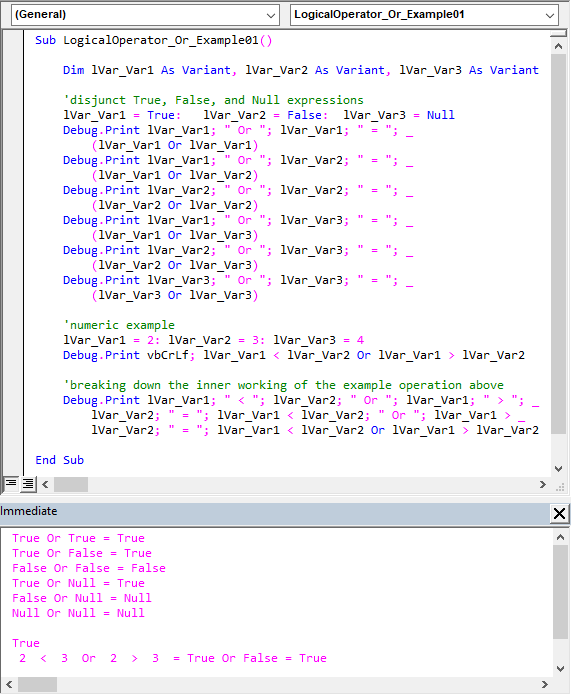 Sample code illustrating the Or Logical Operator’s usage.