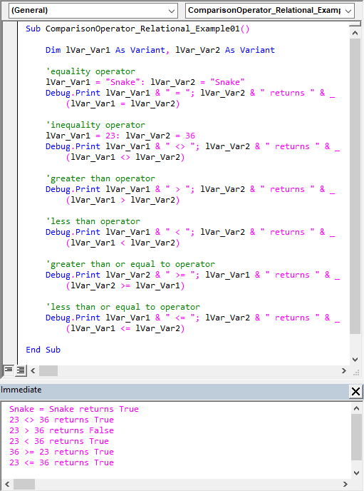 Sample code illustrating the =, , >, >=,