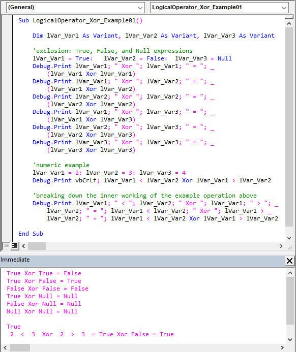 Sample code illustrating the Xor operator’s usage.