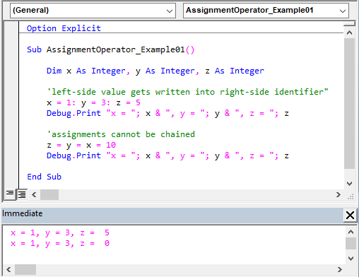 Sample code showing the Assignment operator’s usage.