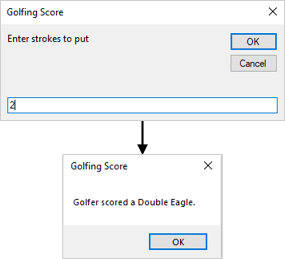 Select Case statement’s sample code in action – Assigning scores to a golfer’s play at a 5-par hole.